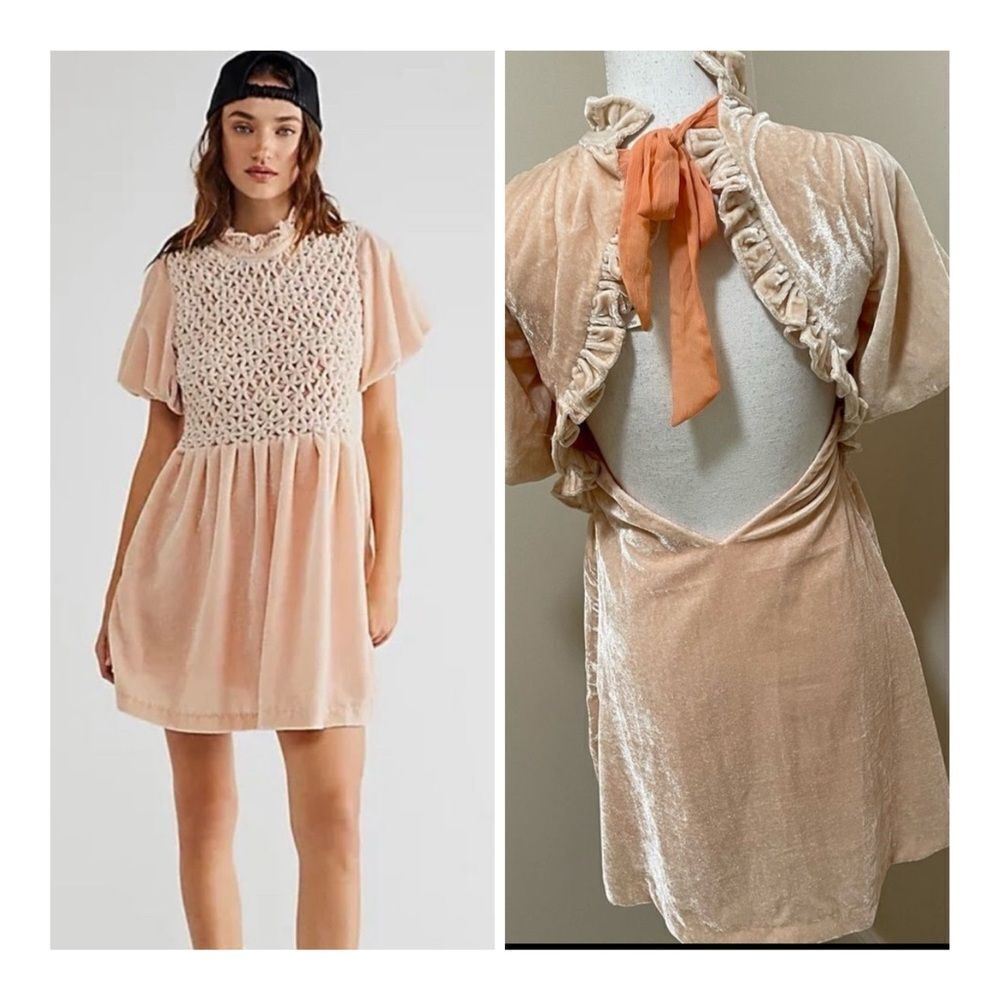 Free People Gum Drop Velour Open Back Mini Dress BeigeSize XS NWT.
